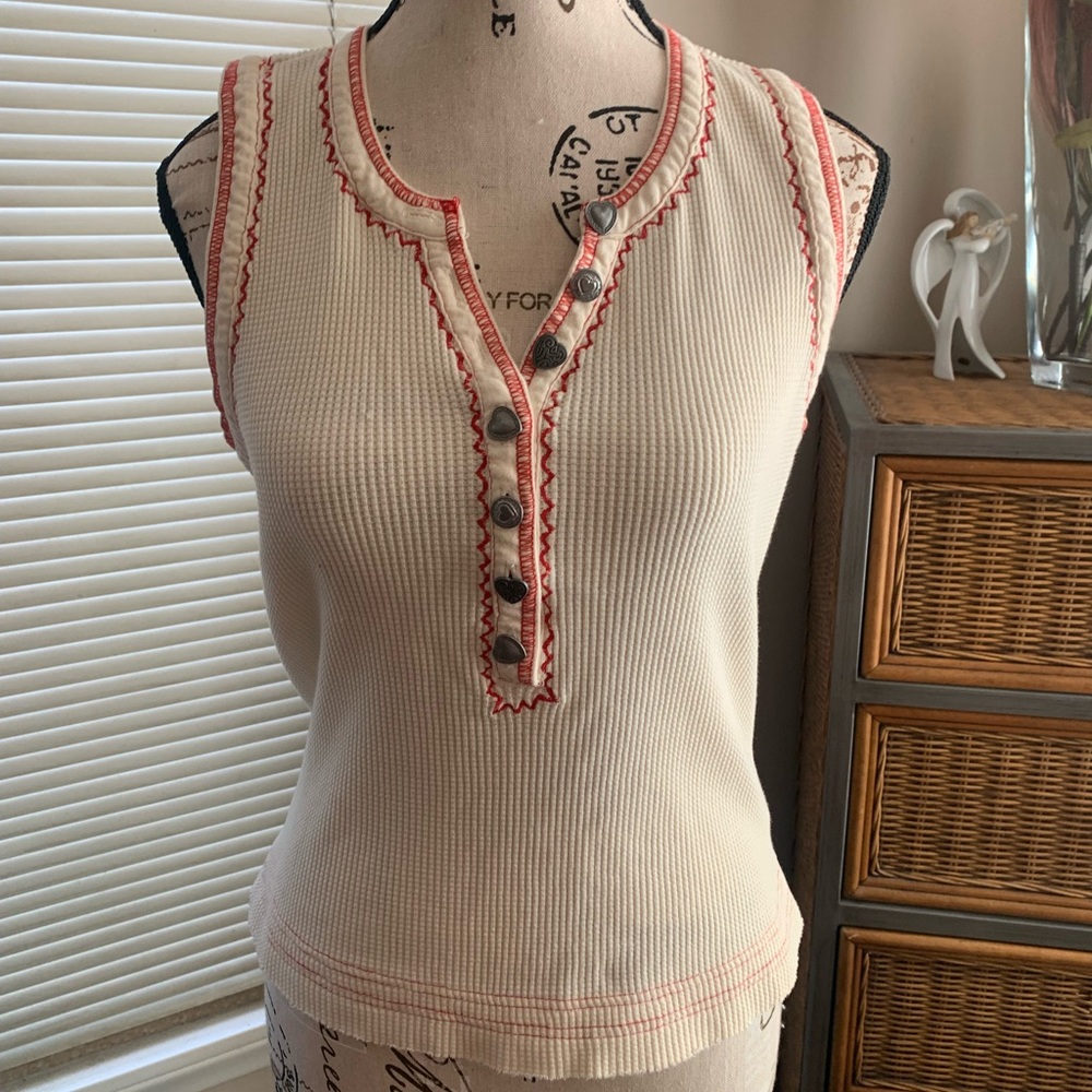 Pilcro Cream Ribbed Henley Tank with Red Trim and extra buttons